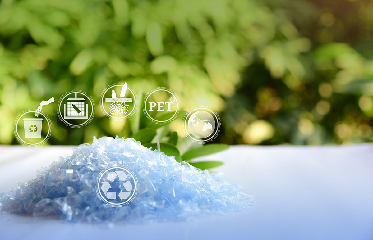 A Pile of PET bottle flakes with green tree blur background.